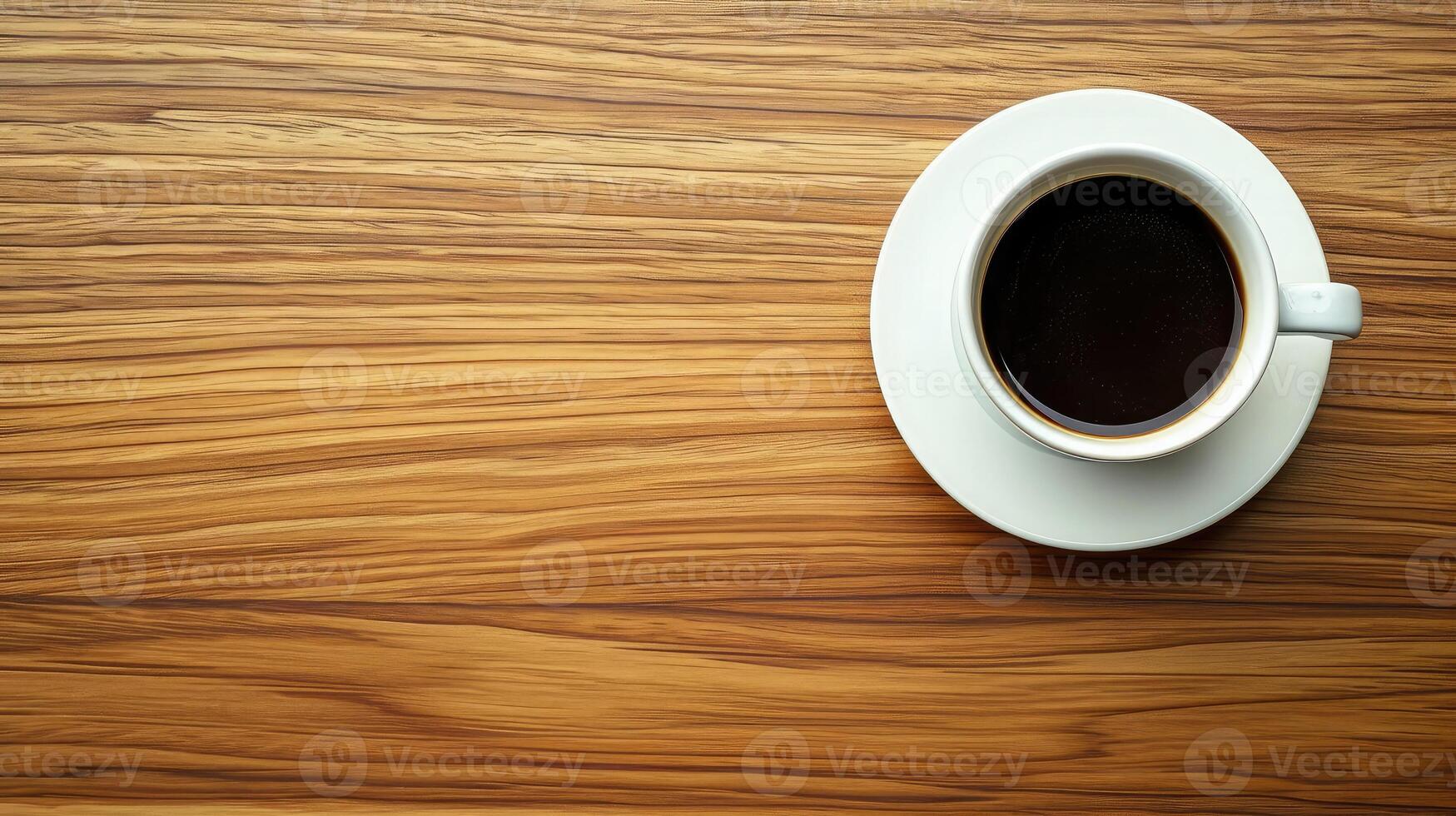 AI generated Top view Coffee with white cup on wood table. photo