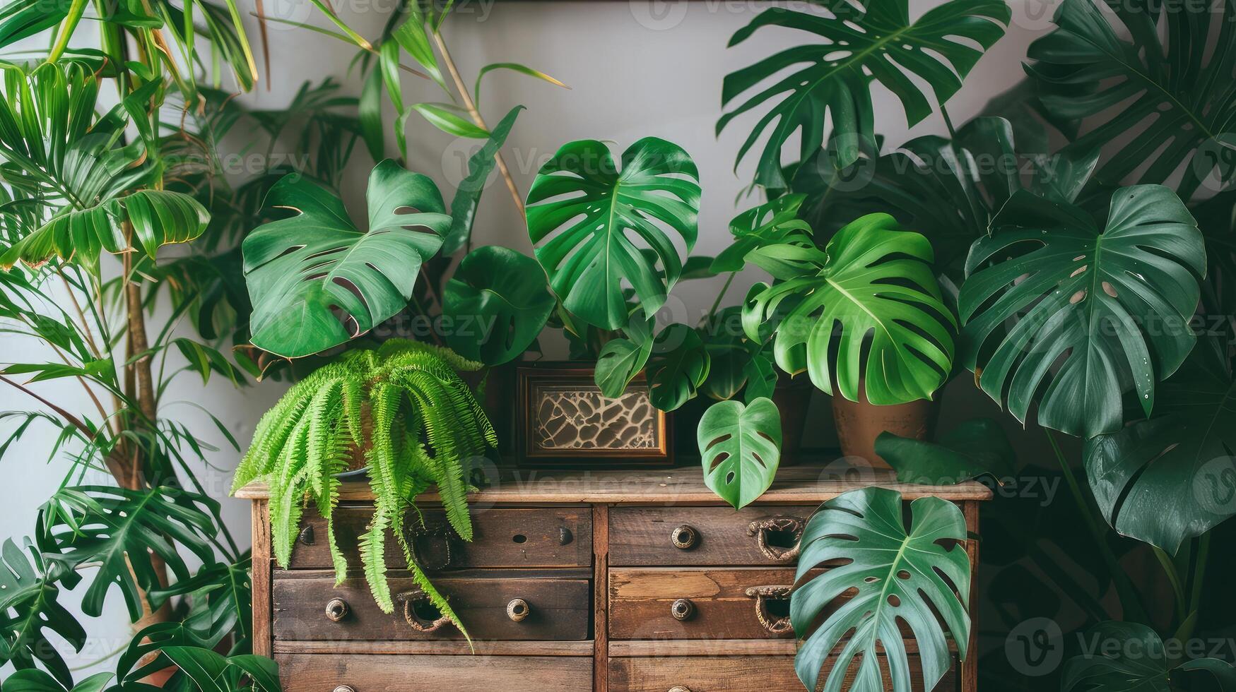 ai generado exótico plantas de interior con hermosa hojas en cofre de cajones a hogar foto