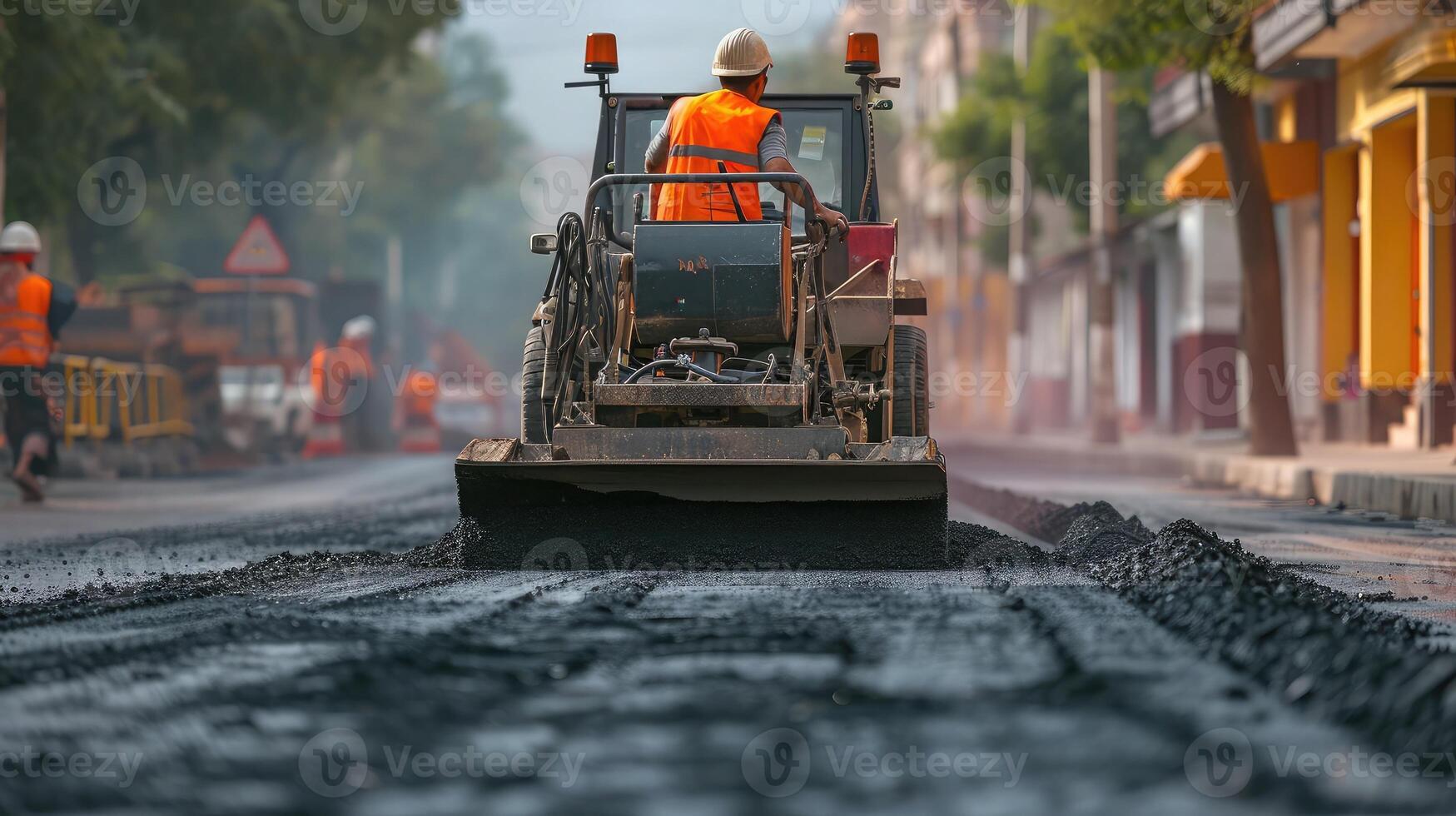 AI generated Young builder on Asphalting paver machine during Road street repairing works photo