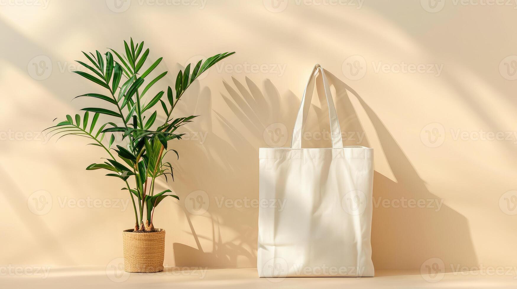 AI generated Blank canvas tote bag mockup in white eco friendly design with copy space. Concepts for zero waste movement of shopping bags. photo