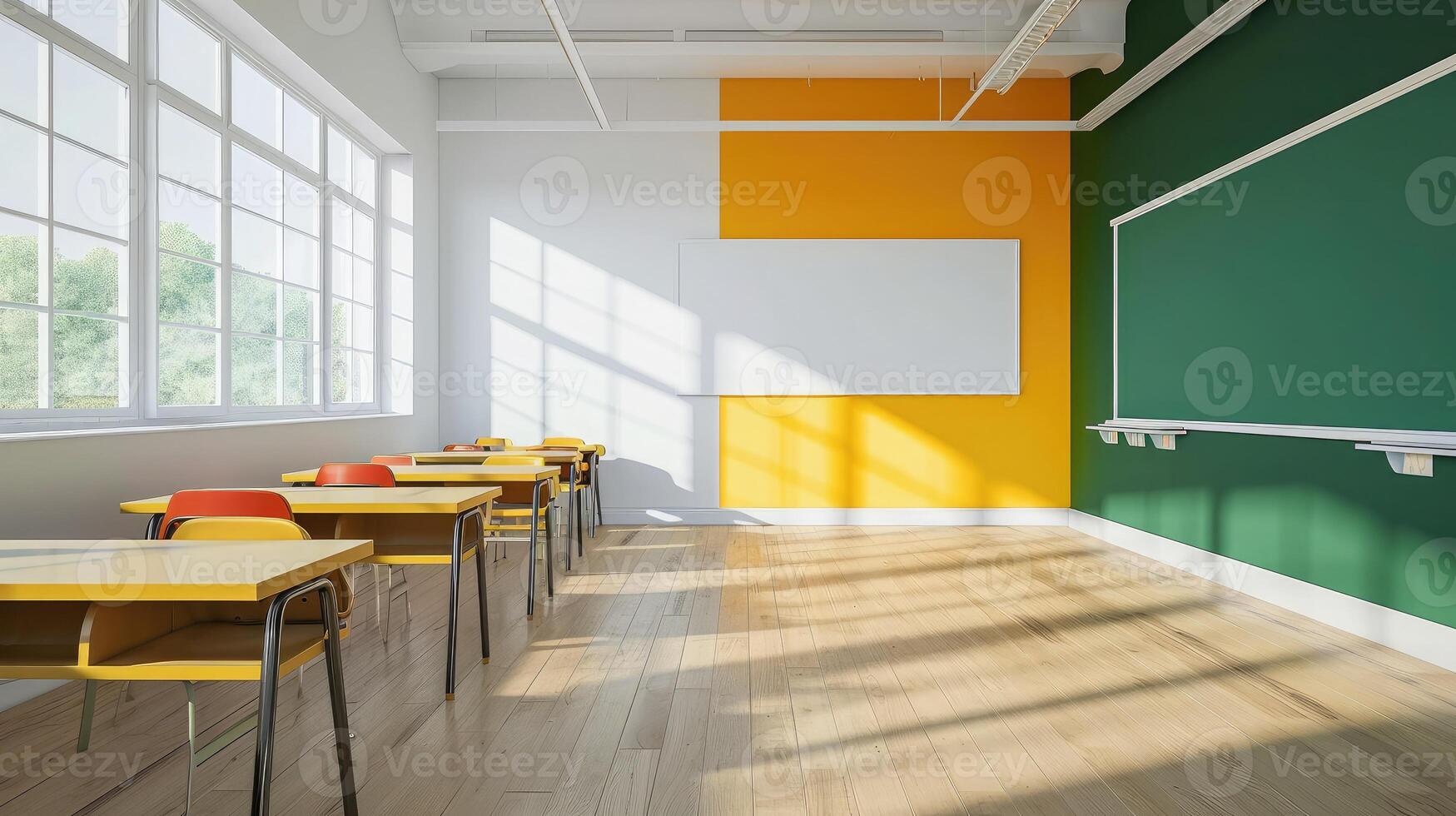 AI generated Classroom school.Interior of clean spacious classroom ready for new school year. Empty room with white walls, comfortable desks, chairs, green blackboard, whiteboard. Back to school. photo