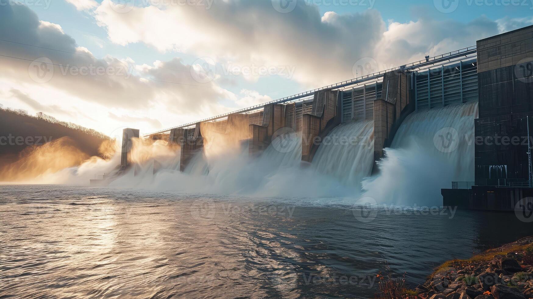 AI generated Time exposure of the spillway overflow on Dam photo