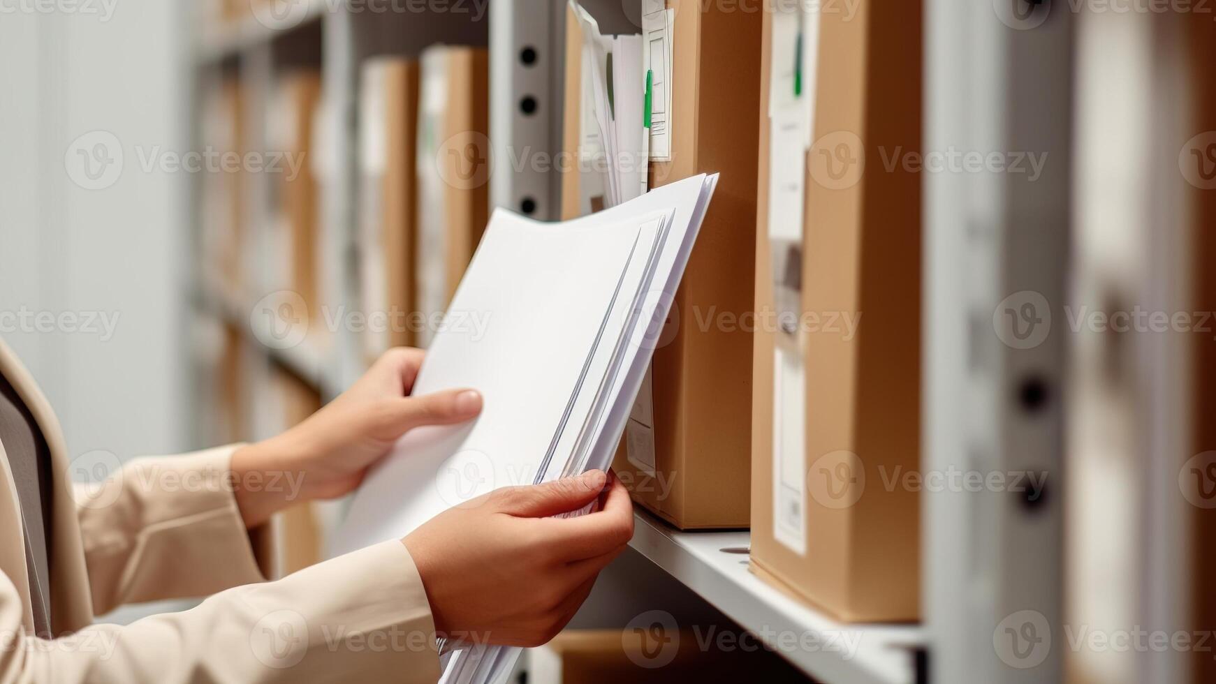 AI generated Closeup of businesswoman hands holding file folders in office. Selective focus photo