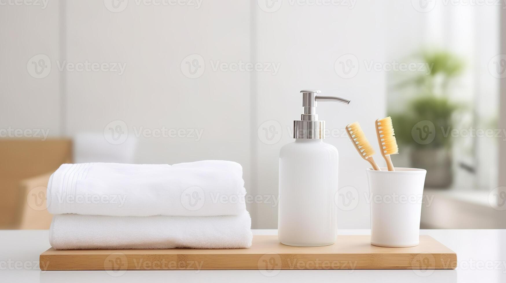 AI generated Bathroom interior with soap dispenser, towel and toothbrushes photo