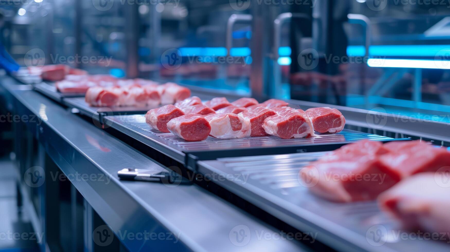 AI generated Meat Processing on Industrial Conveyor Belt photo