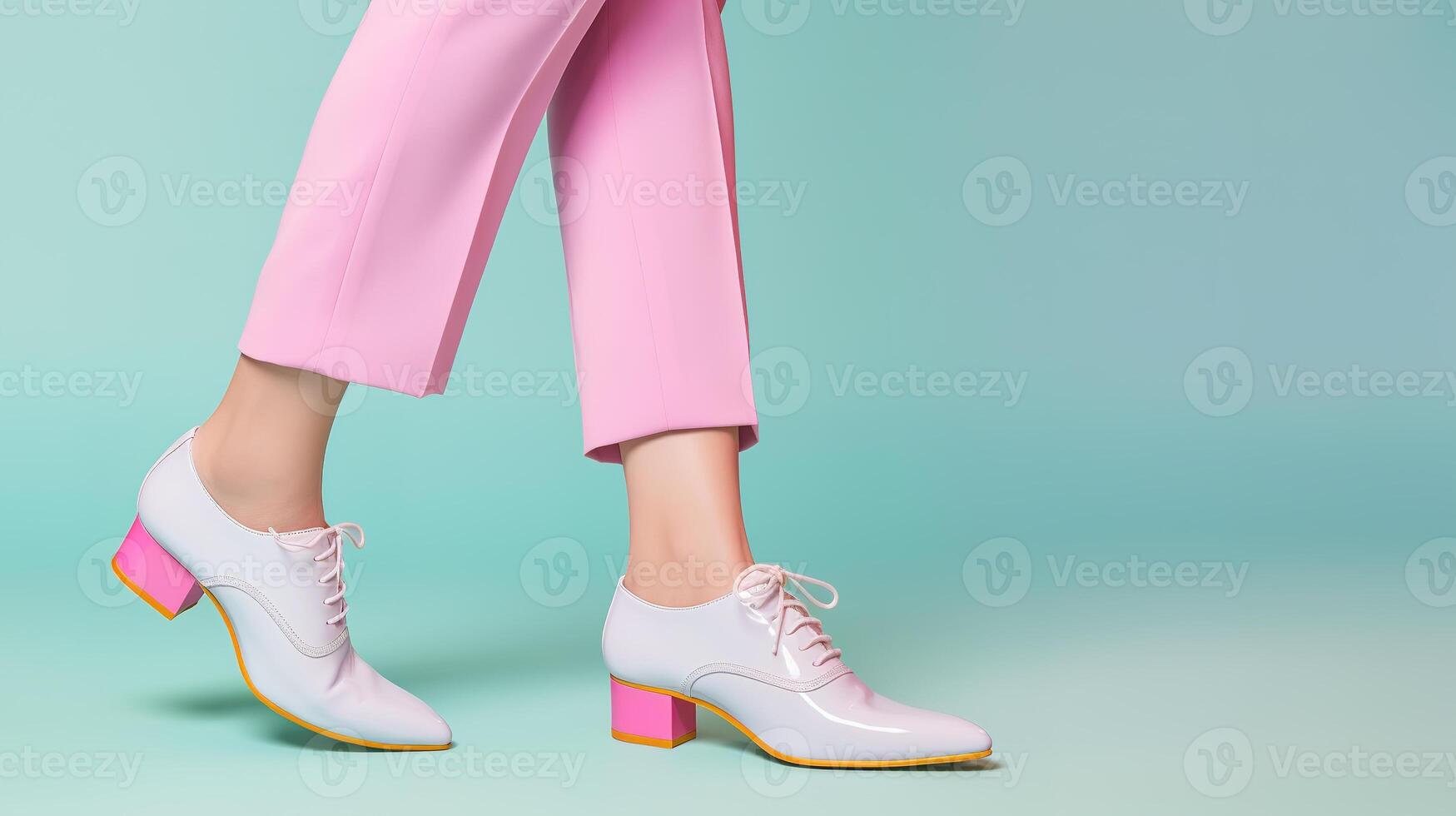 AI generated cropped view of woman in pink pants and white sneakers on mint background photo