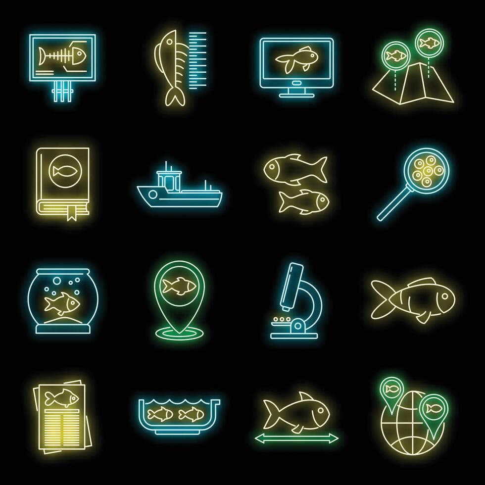 Ichthyology fish icons set vector neon