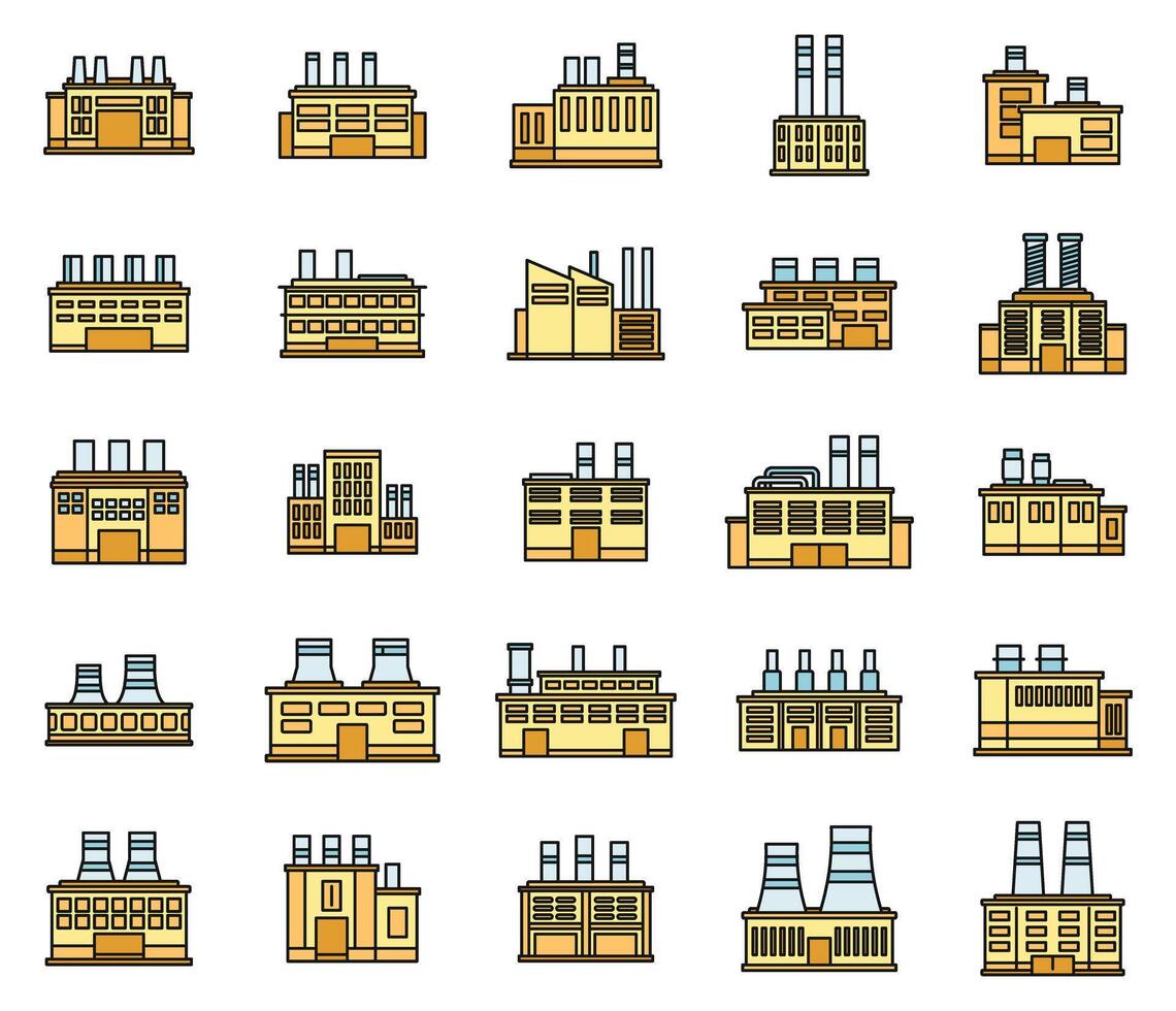 Energy recycle factory icons set vector color line