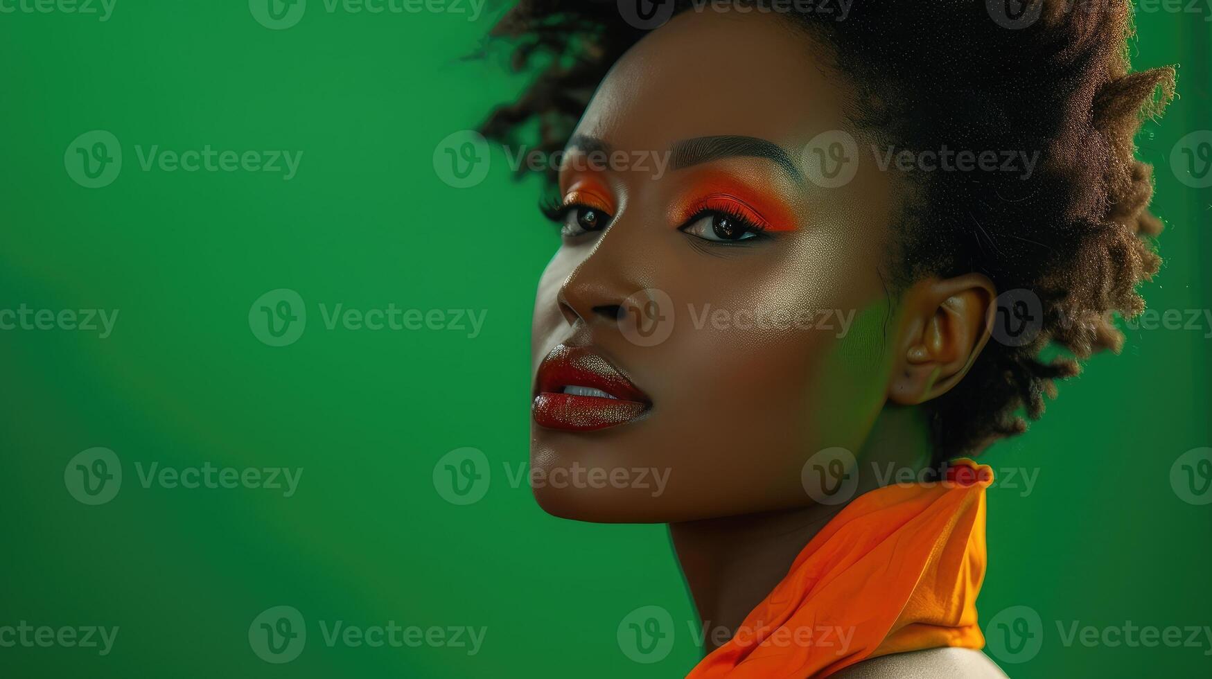 AI generated Black woman, retro beauty and makeup on green background, product placement mockup for advertising and marketing. Portrait photo
