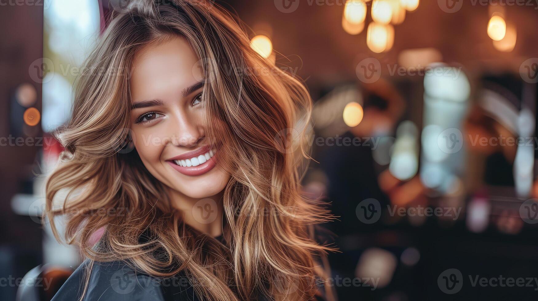 AI generated Beautiful hairstyle of young woman after dying hair and making highlights in hair salon. photo