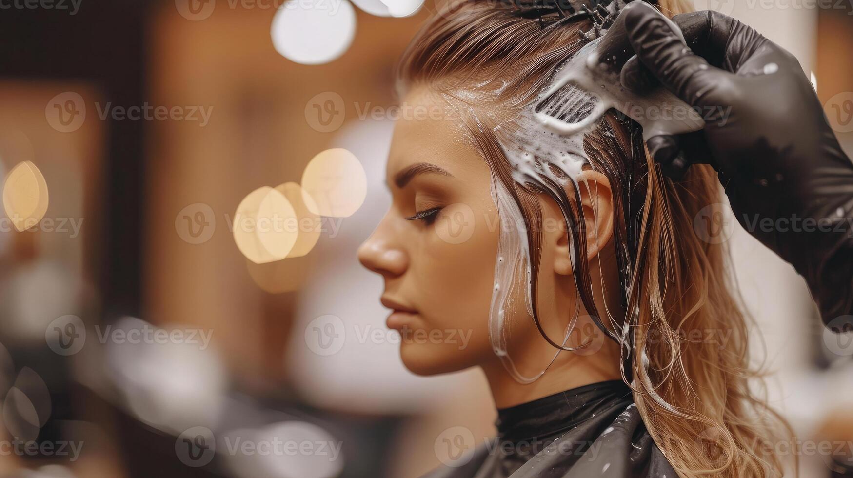 AI generated Beautiful hairstyle of young woman after dying hair and making highlights in hair salon. photo