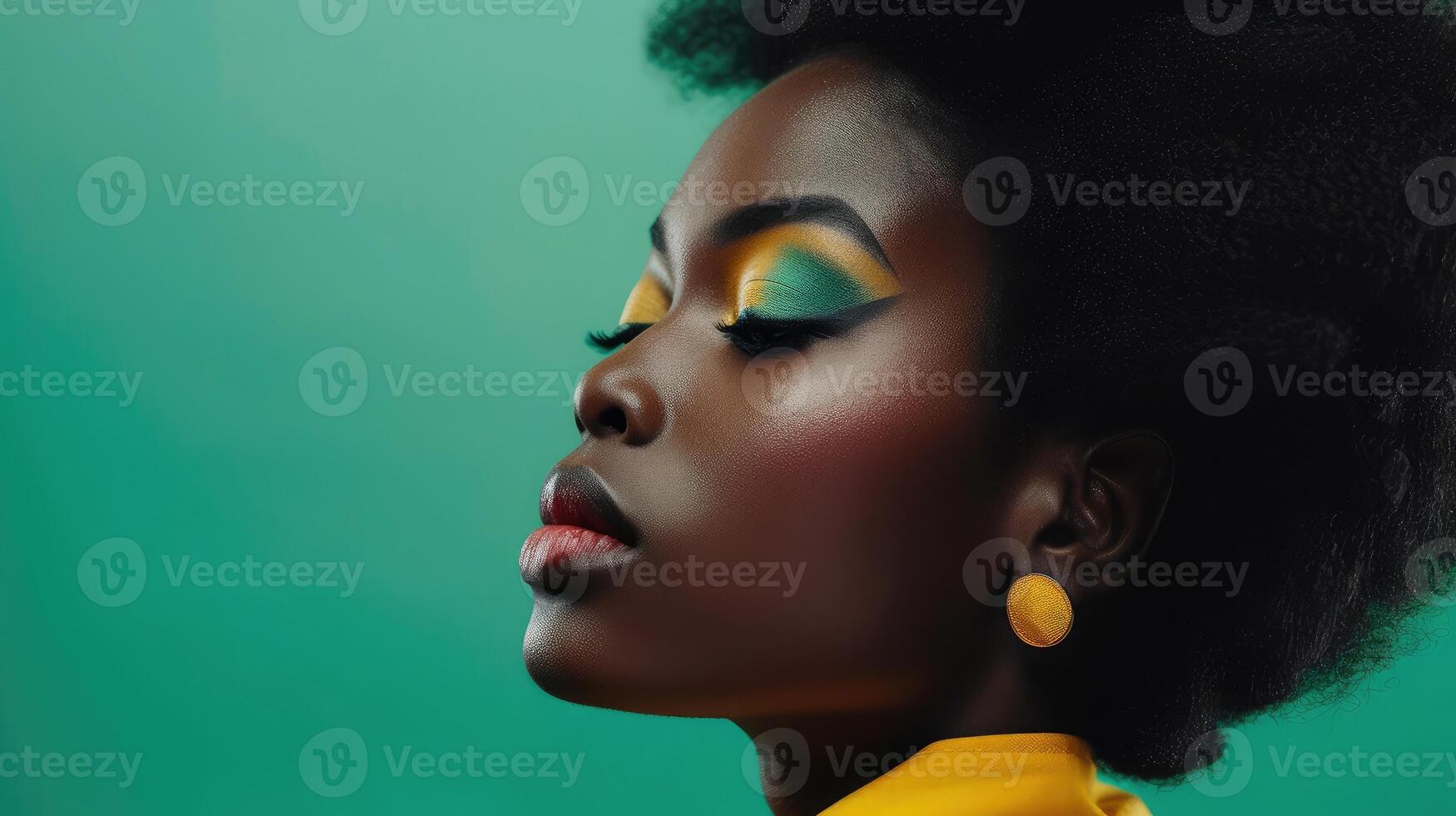 AI generated Black woman, retro beauty and makeup on green background, product placement mockup for advertising and marketing. Portrait of African model in 90s fashion hairstyle for youth, photo