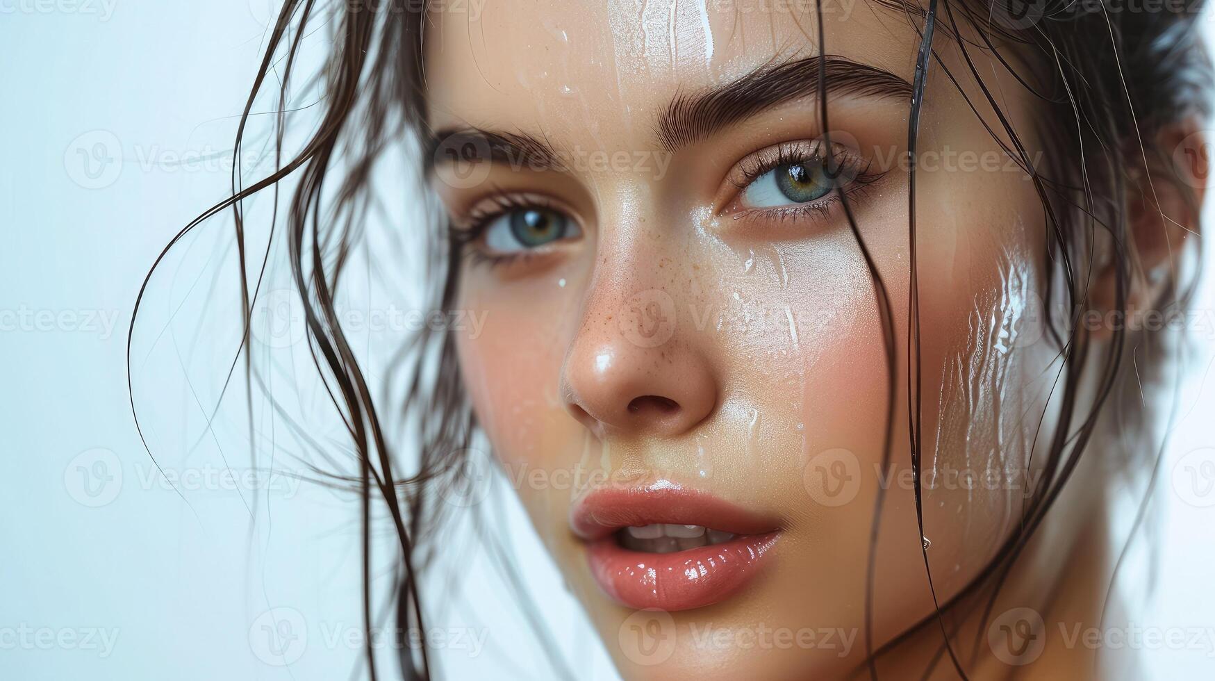 AI generated Beautiful young Woman with wet hair effect and clean fresh skin .Girl beauty face care. Facial treatment . photo