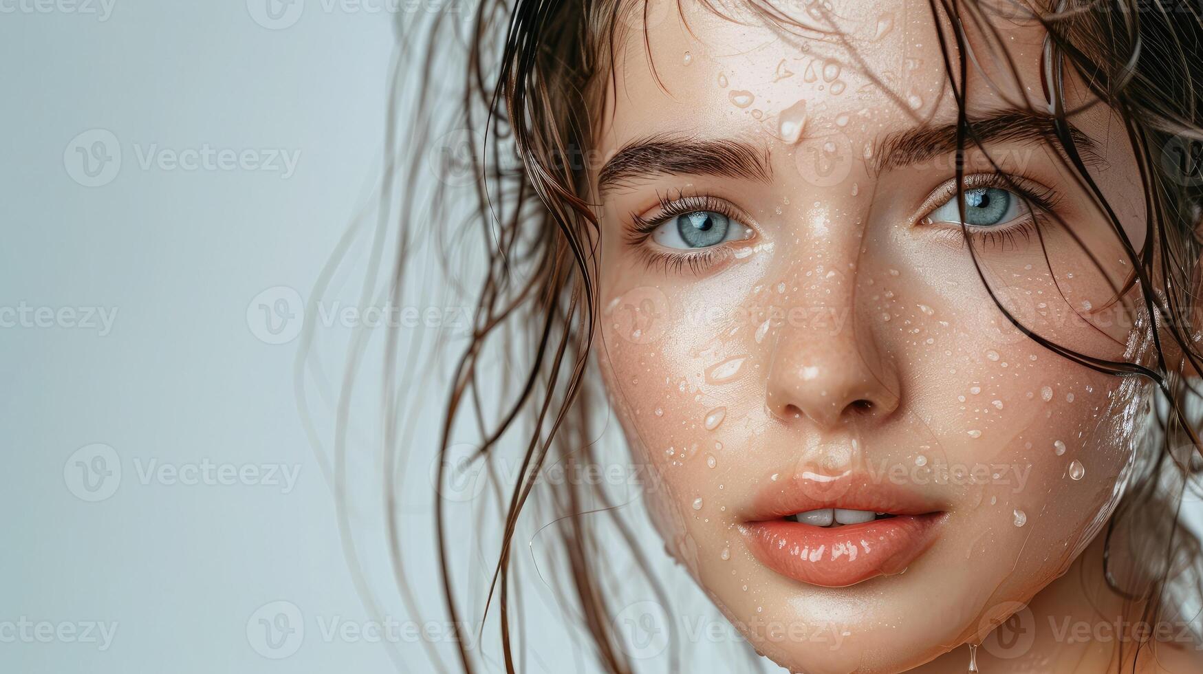 AI generated Beautiful young Woman with wet hair effect and clean fresh skin .Girl beauty face care. Facial treatment . photo