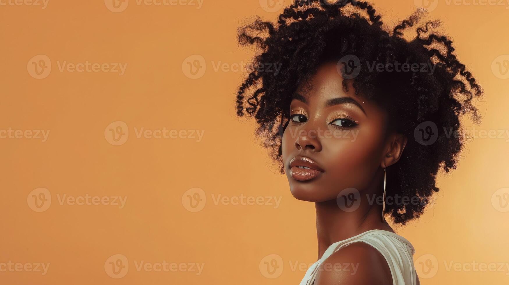 AI generated Beautiful Black Woman posing in studio on peach background. Fashion Portrait Black Woman in white stylish linen dress. Makeup, curly Hair photo