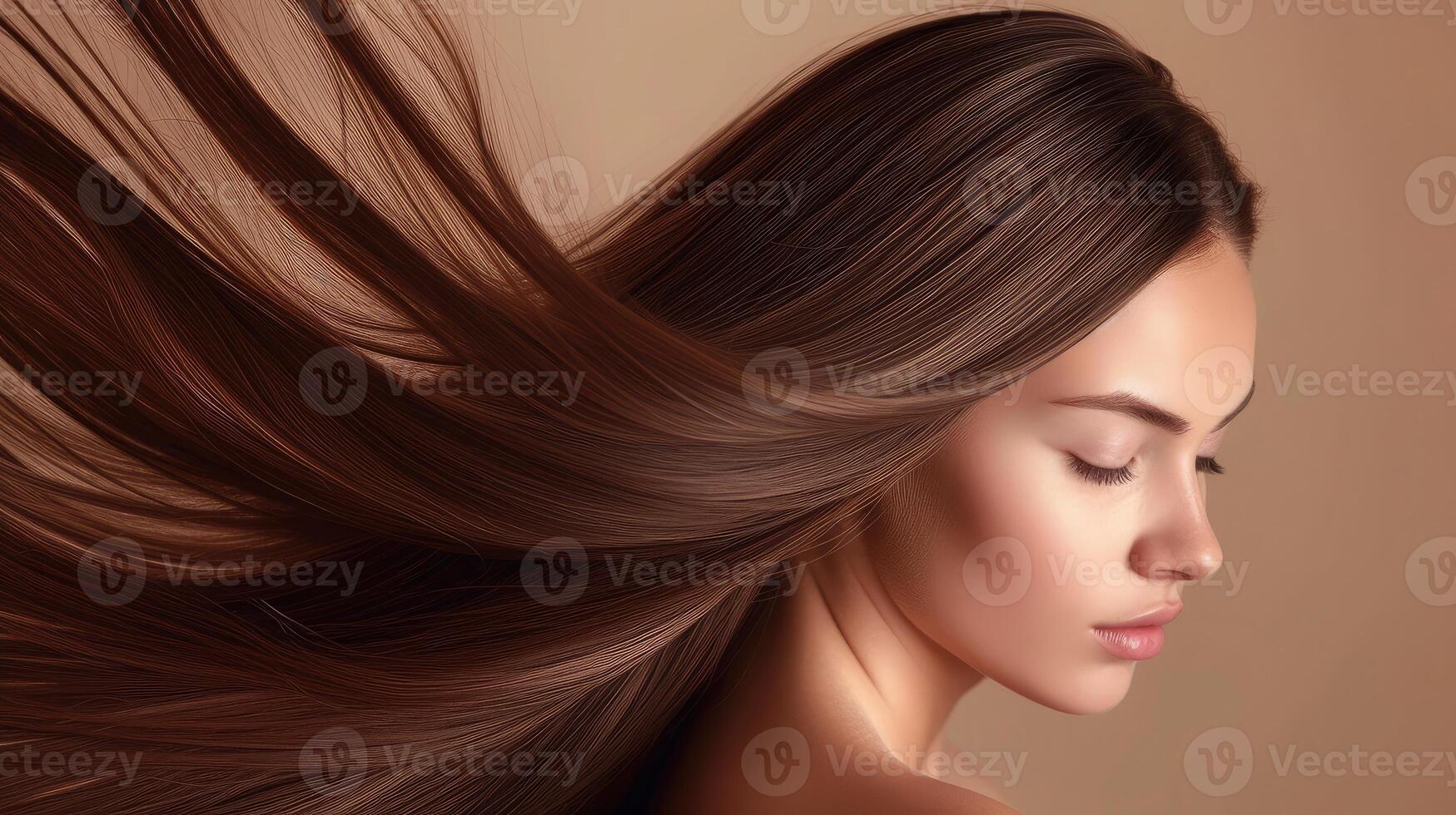 AI generated Beautiful model girl with shiny brown and straight long hair . Keratin straightening . Treatment, care and spa procedures. Smooth hairstyle photo