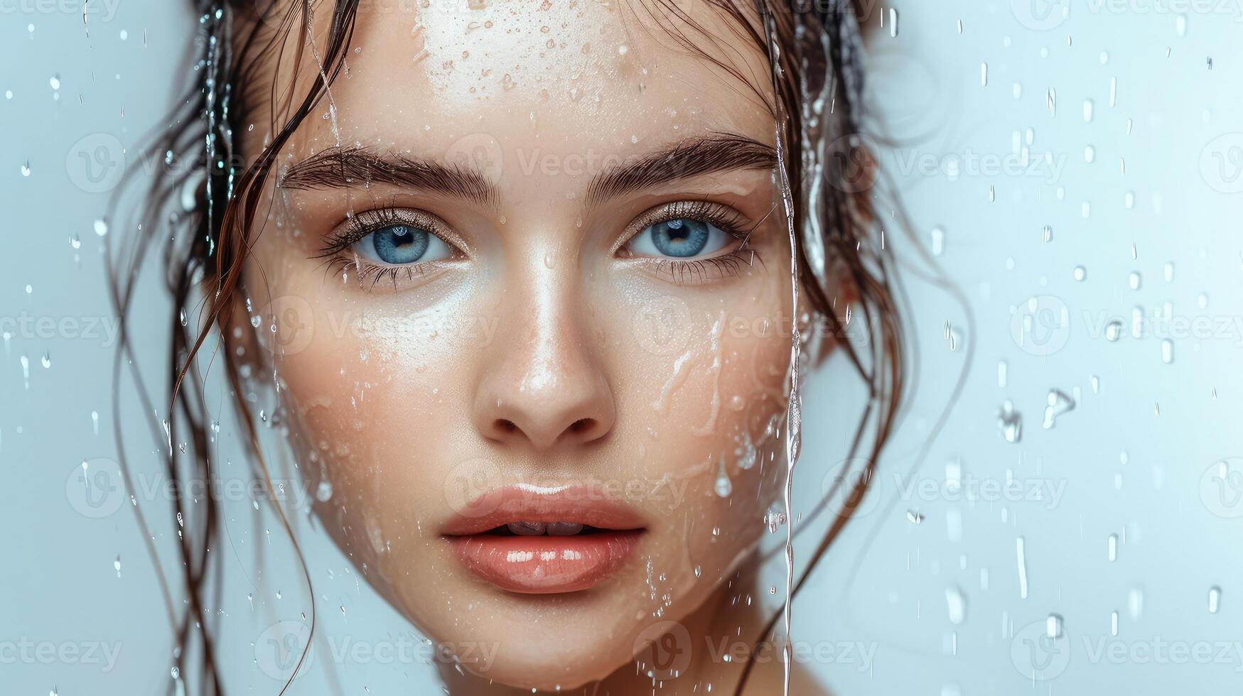 AI generated Beautiful young Woman with wet hair effect and clean fresh skin .Girl beauty face care. Facial treatment . photo