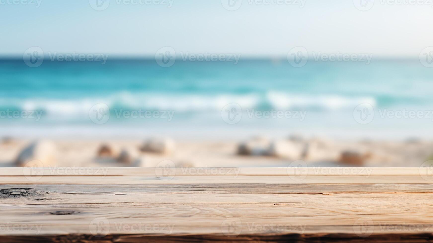 Wooden table top on blur beach background - can be used for display or montage your products photo