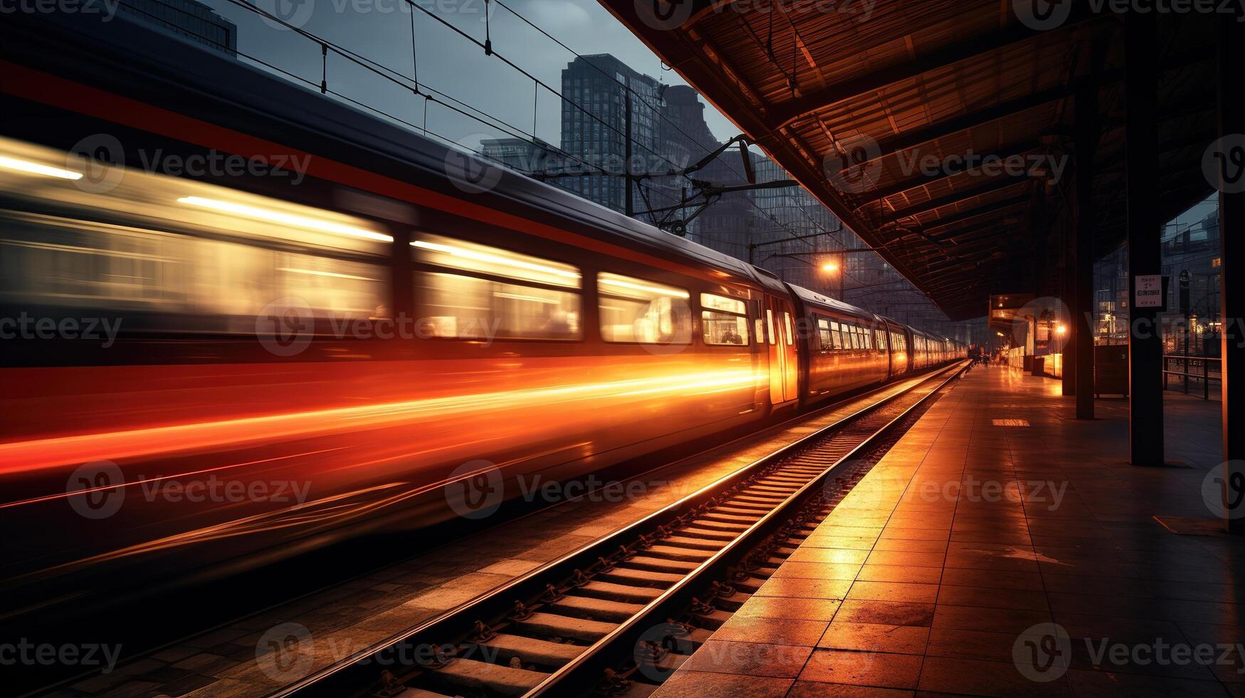 tren en el ciudad a noche con movimiento difuminar foto