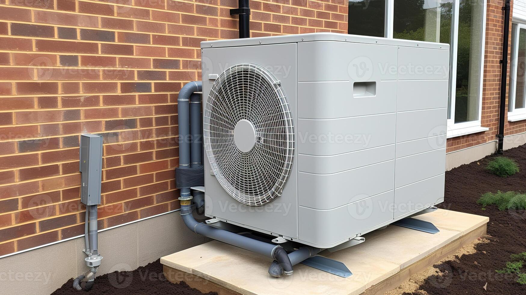 3d rendering of an air conditioning unit on the ground outside a house photo