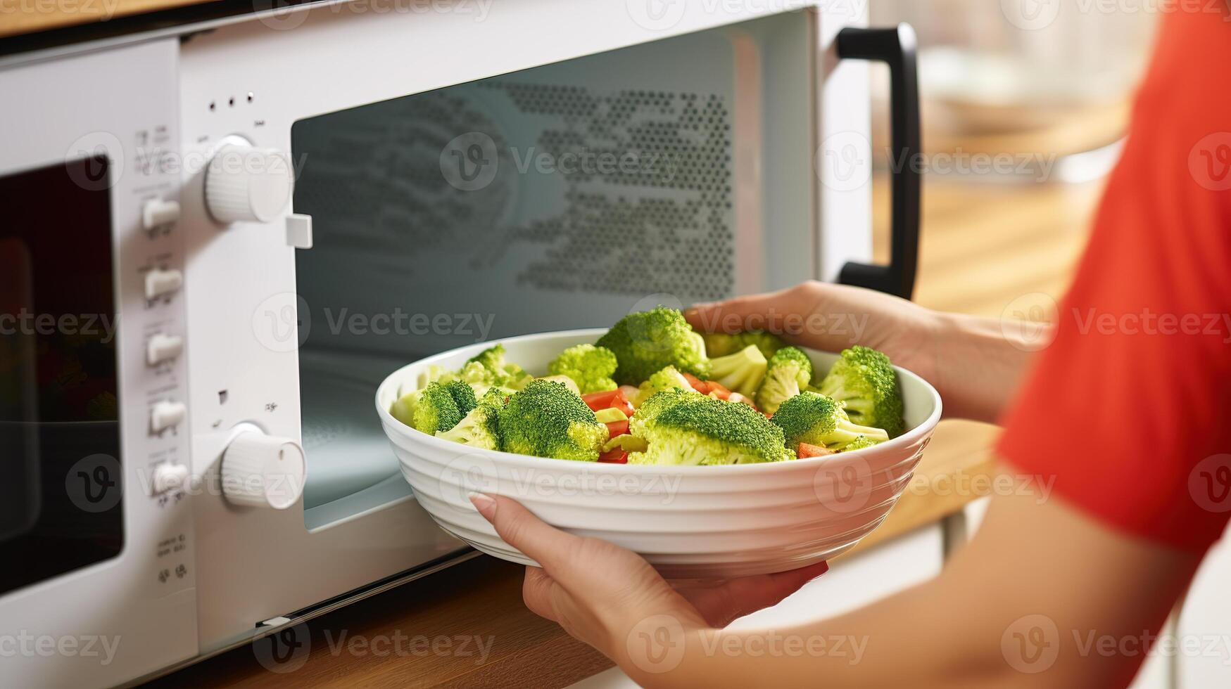 AI generated Woman holding bowl with broccoli in microwave oven at home, closeup photo