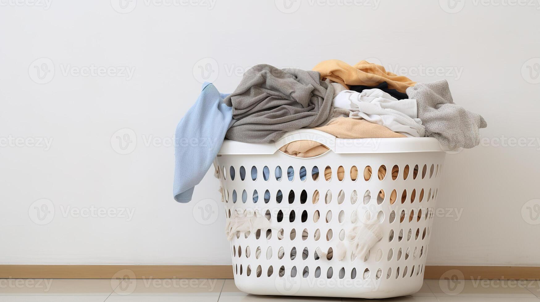 AI generated Laundry Basket with Clothes in the White Room. photo