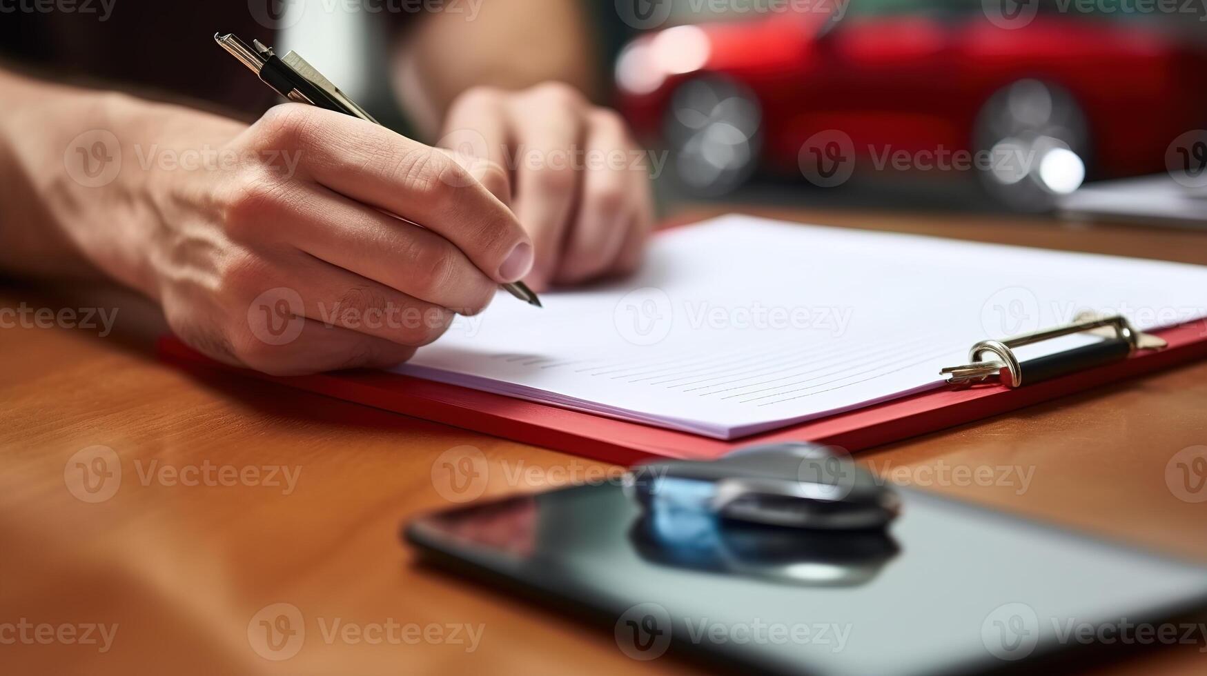 AI generated Close-up Of Man's Hand Writing On Clipboard At Desk photo