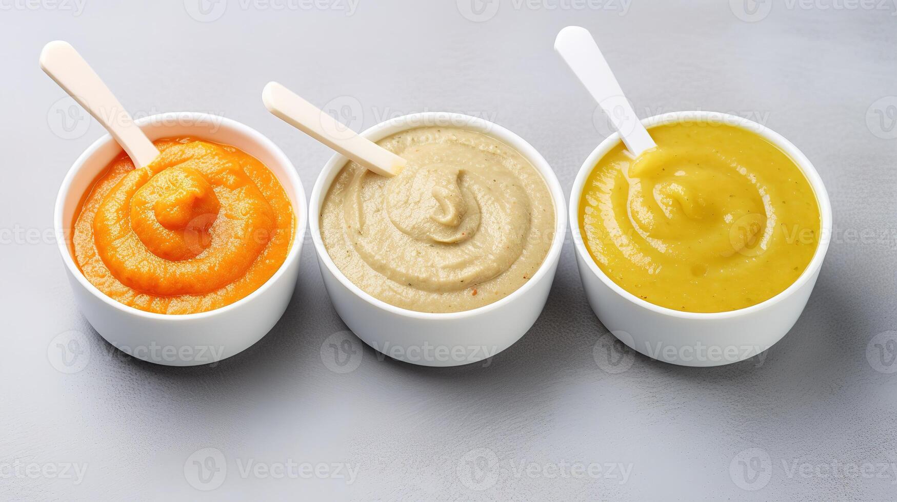 AI generated Bowls with different hummus on grey background, top view photo