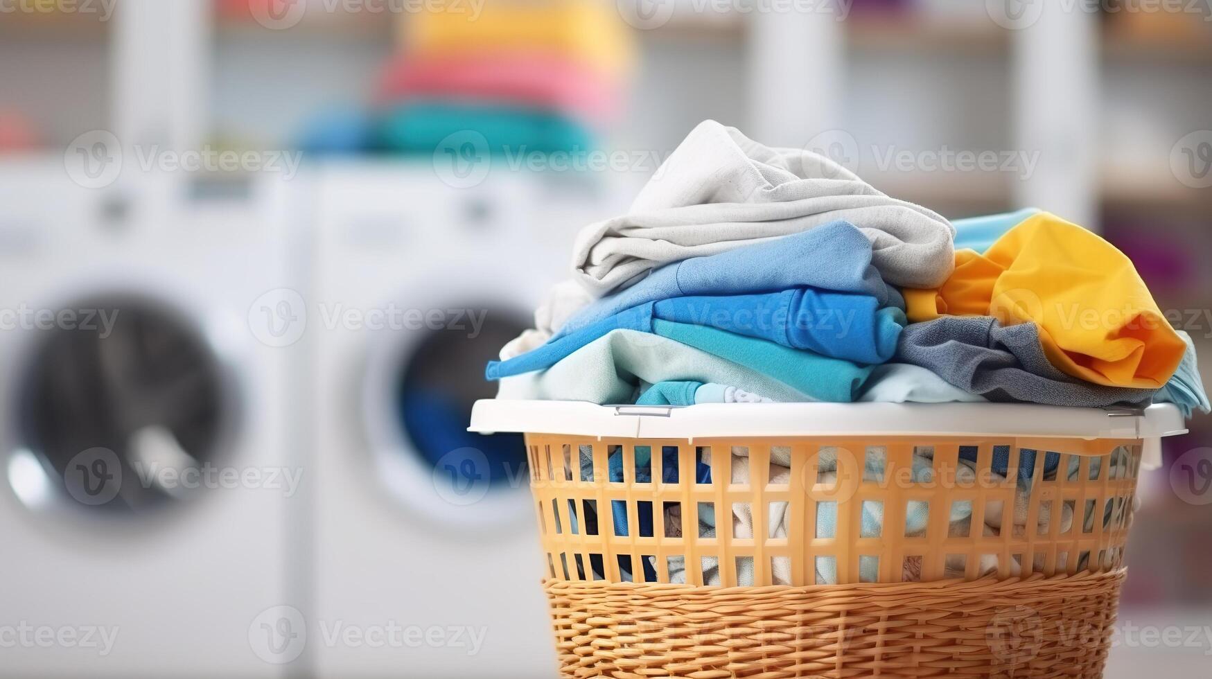 ai generado lavandería cesta con sucio ropa en borroso antecedentes de Lavado máquina foto