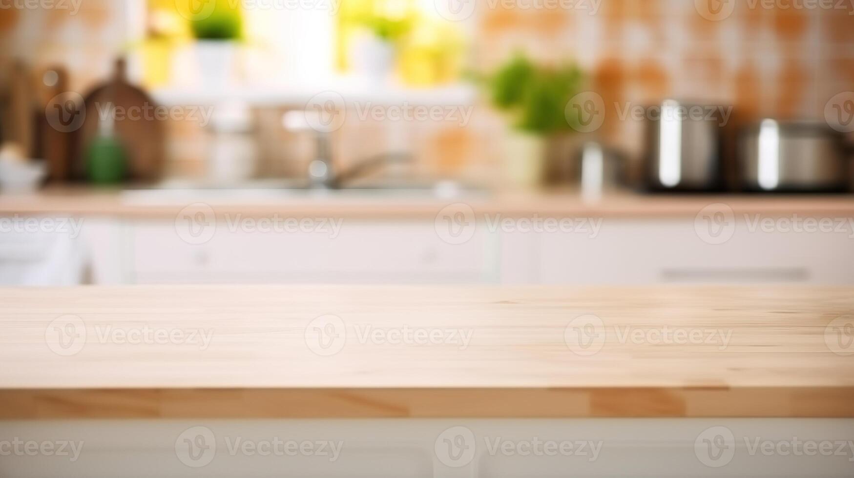 AI generated Empty wooden table and blurred kitchen interior background, product display montage photo