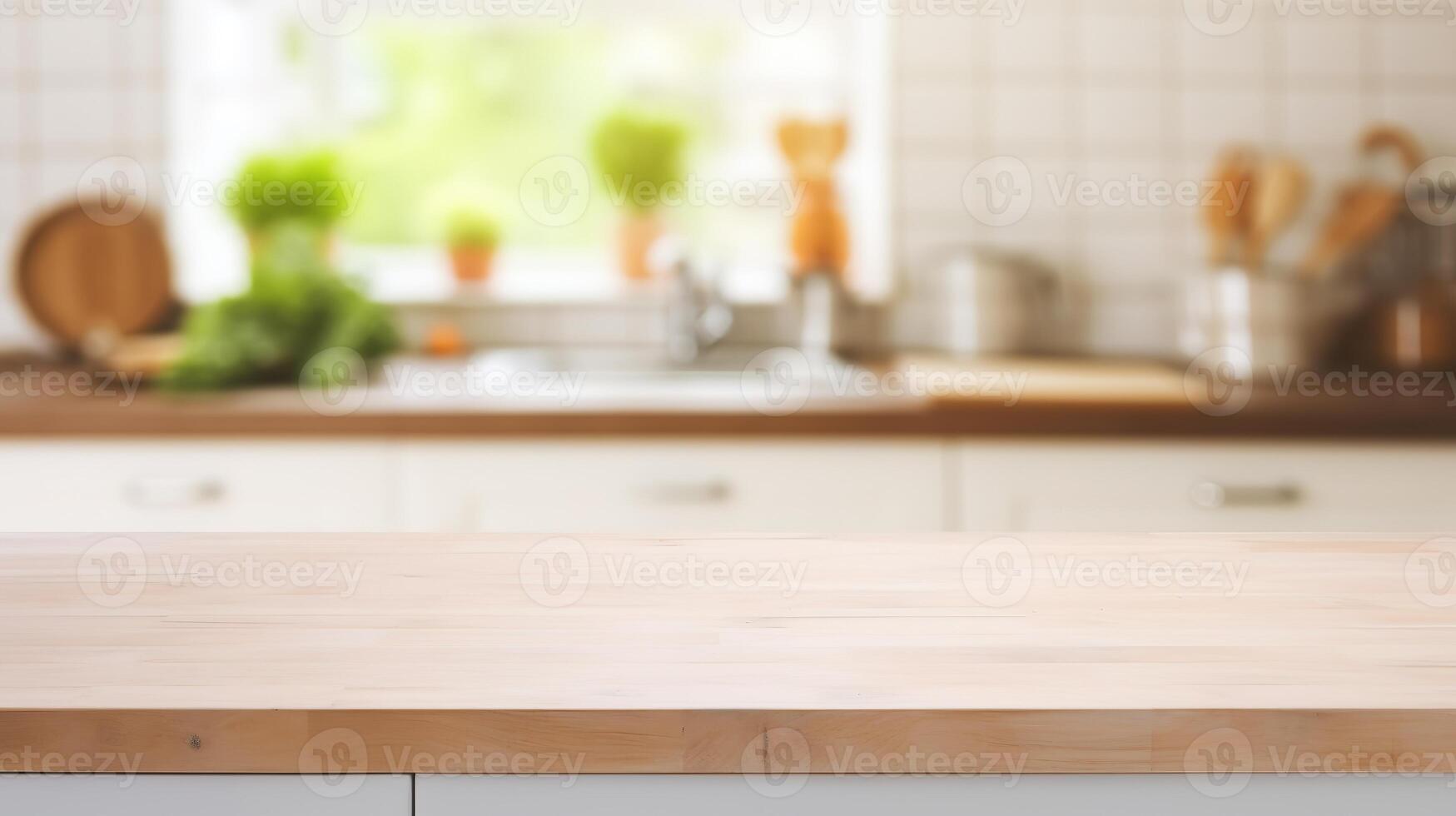 ai generado vacío de madera mesa y borroso cocina interior fondo, producto monitor montaje foto