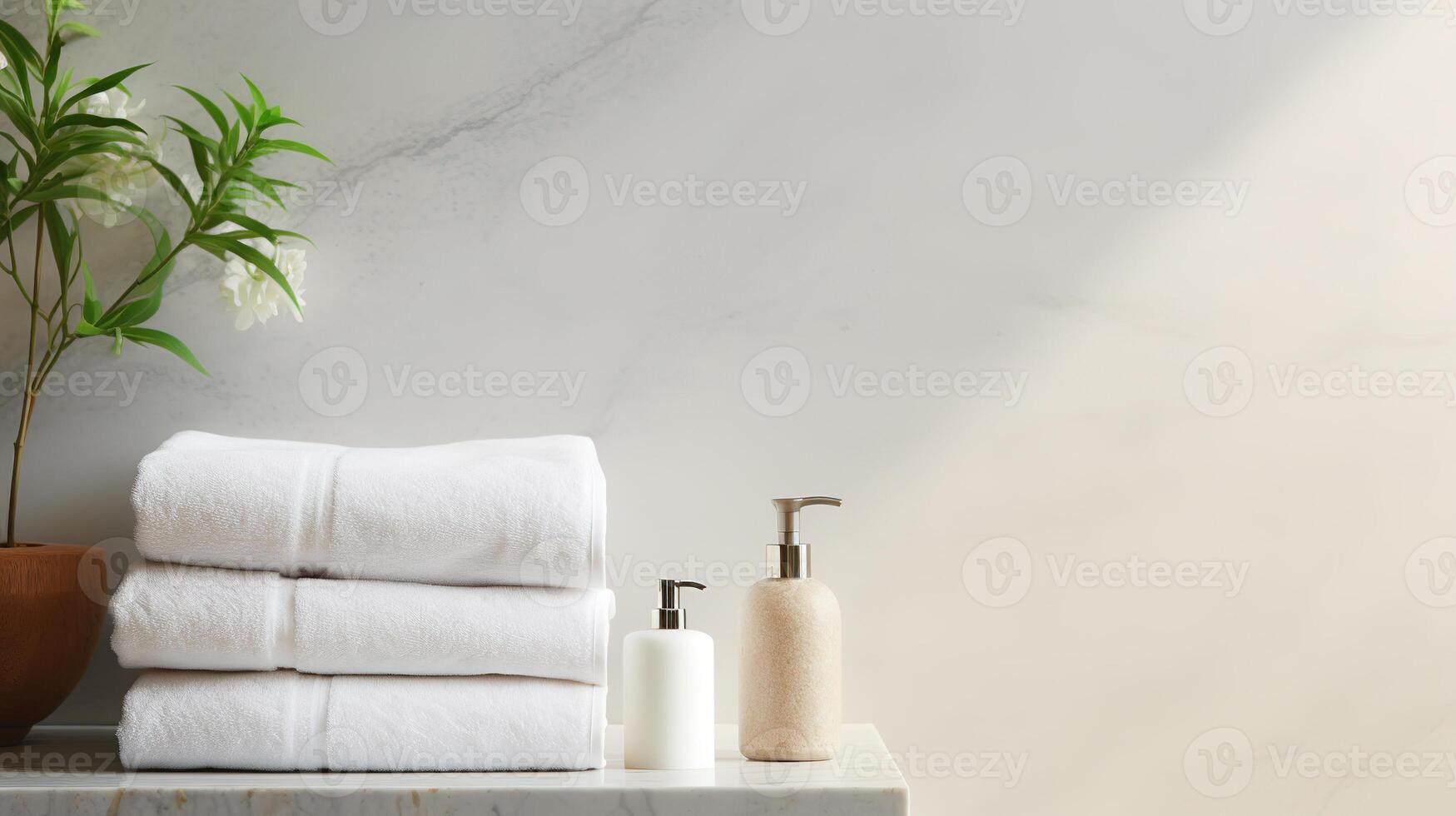 AI generated Stack of white towels with soap dispenserle countertop. photo