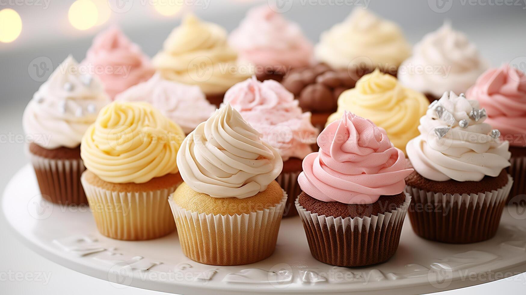 AI generated Plate with delicious cupcakes on light background, closeup view photo
