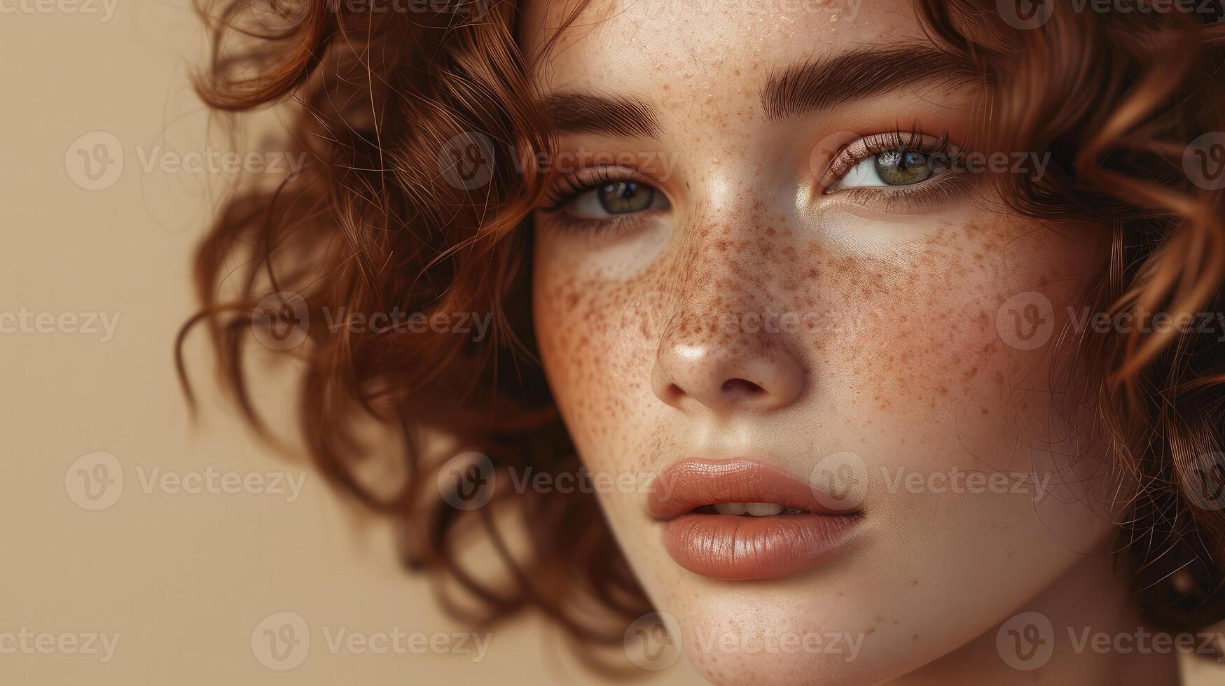 AI generated Beautiful brown haired with stylish short hairstyle. Woman with a curly hair. Beautiful young woman with freckles on face. Closeup portrait of an attractive girl with a brown makeup. photo