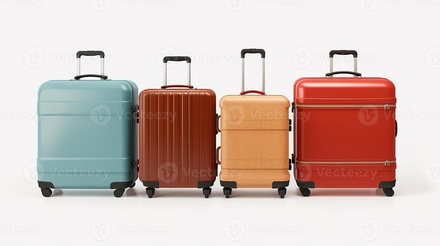 AI generated 3d rendering of four suitcases in a row isolated on white background photo