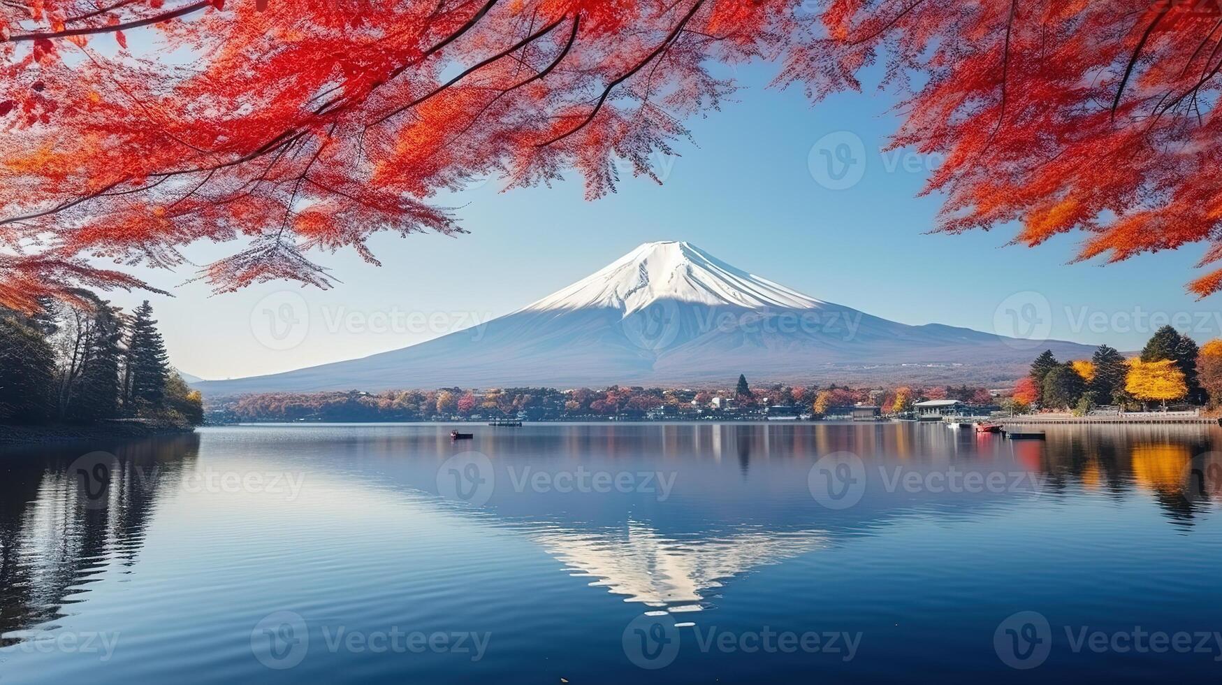 AI generated Mt Fuji and Kawaguchiko lake in autumn season. photo