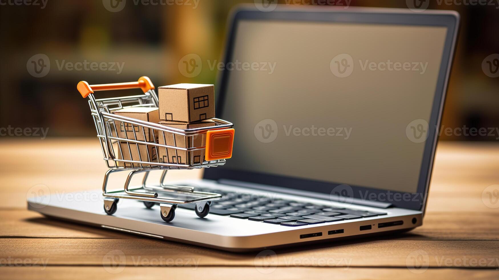 AI generated Shopping cart with boxes on laptop keyboard. Online shopping concept. photo