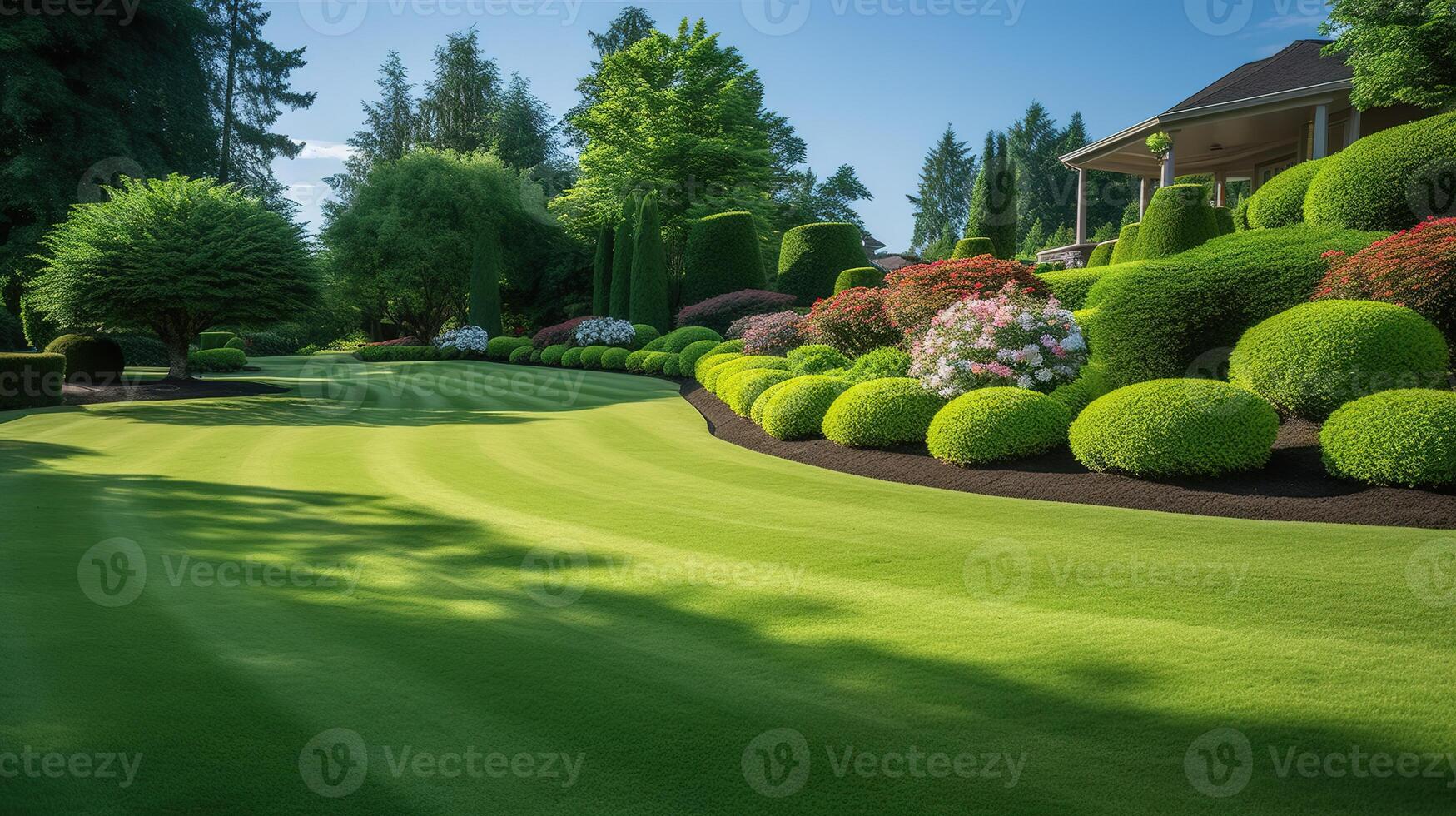 AI generated Beautiful landscaping in the park with green lawn and trees. photo