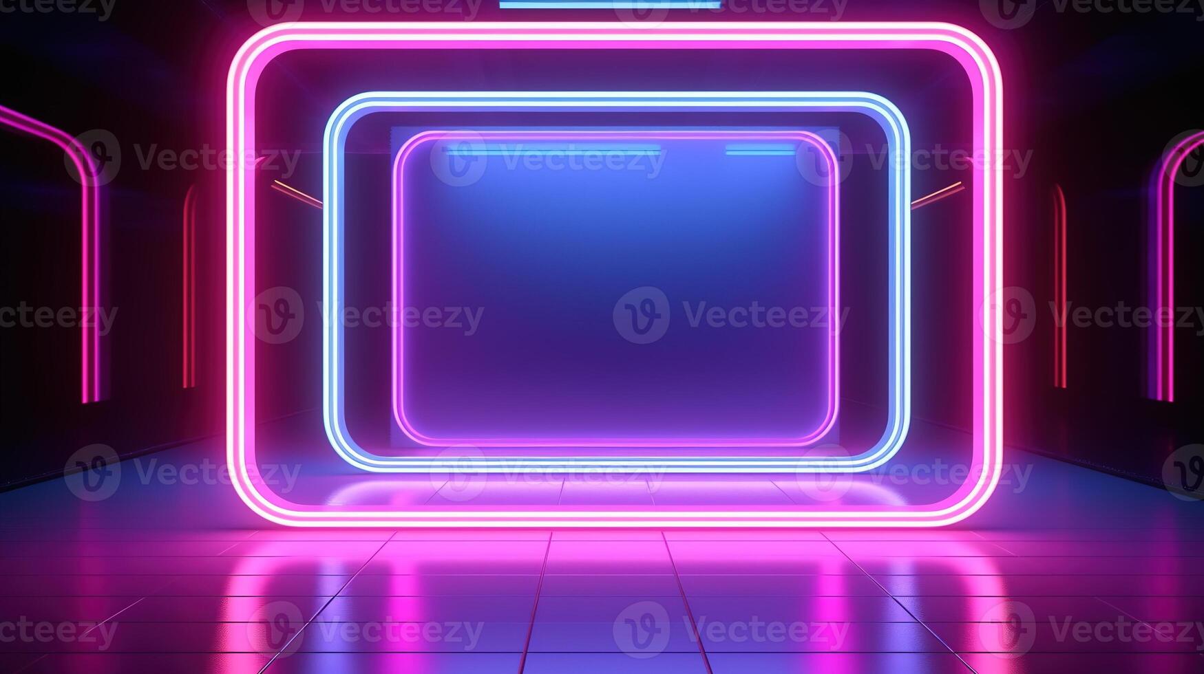 AI generated 3D abstract background with neon lights. neon tunnel.space construction photo