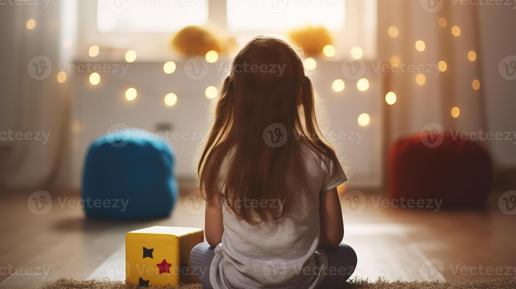 AI generated Little girl sitting on the floor and playing with a wooden cube in the room photo