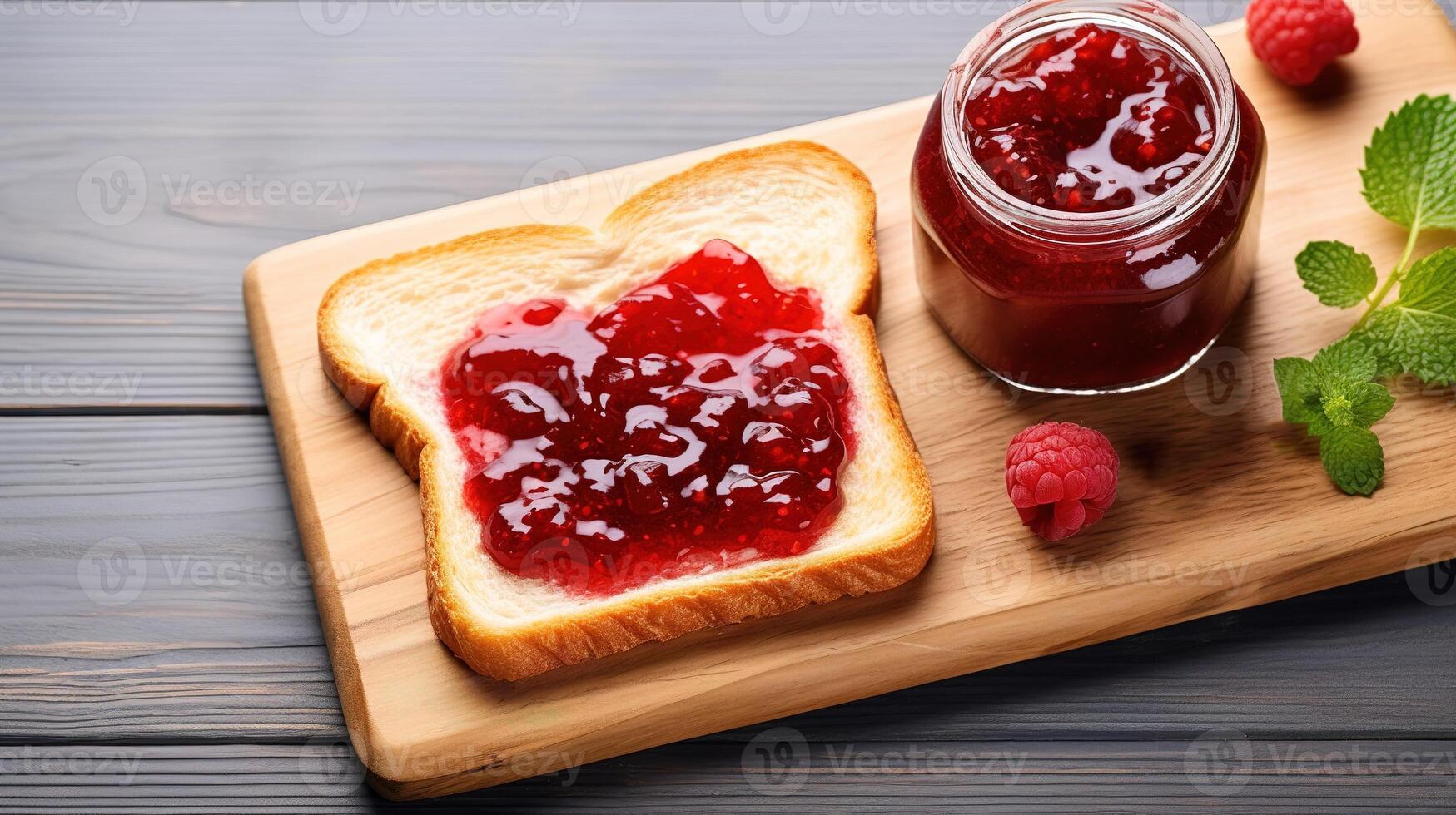 AI generated Toast with raspberry jam and fresh raspberries on wooden background photo