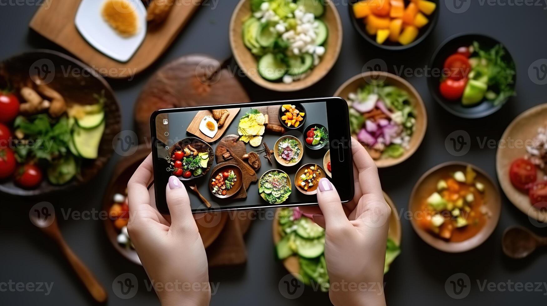 AI generated Woman taking photo of healthy food with smartphone at table, closeup