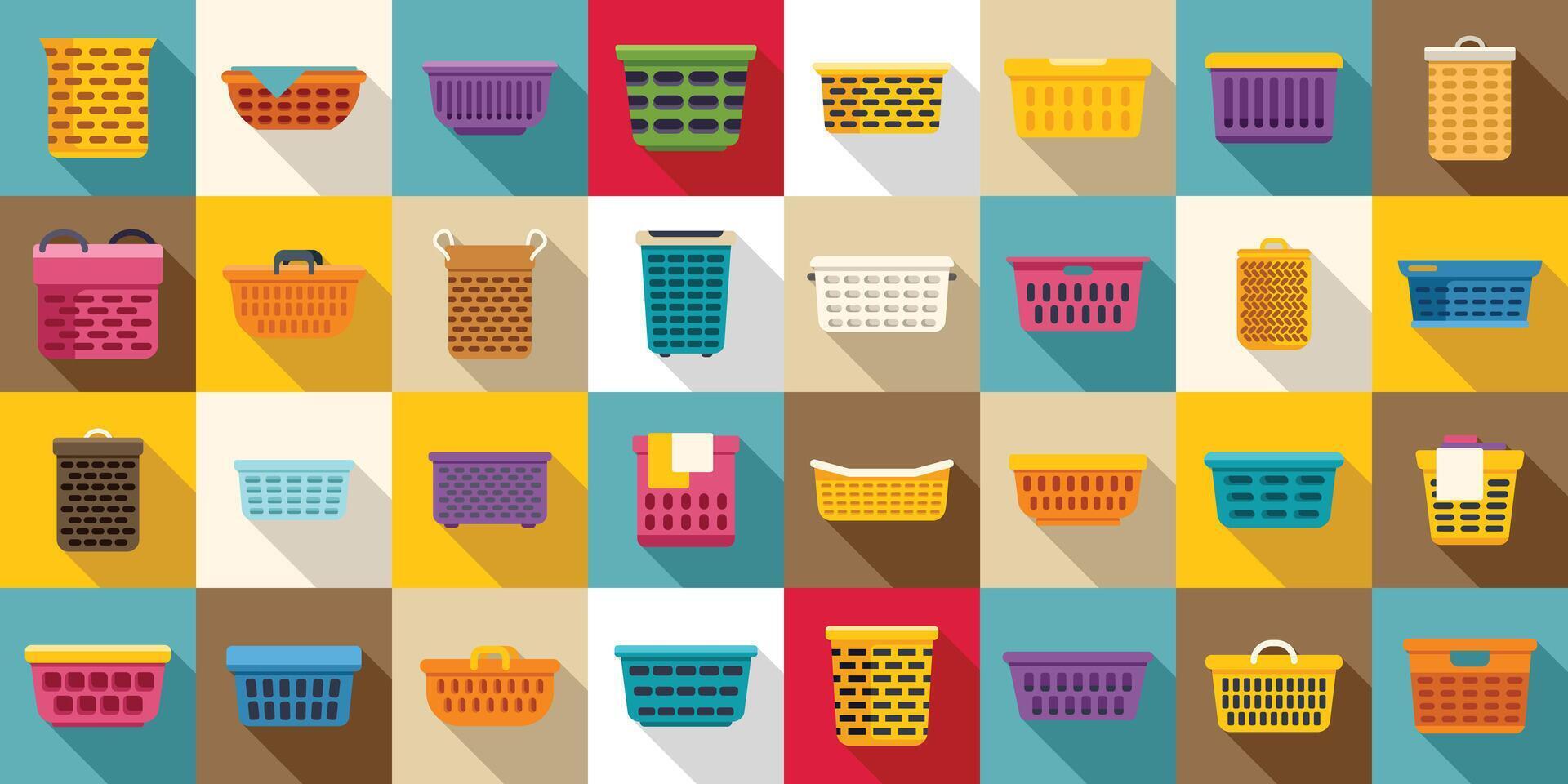Laundry basket icons set flat vector. Clothes dirty vector