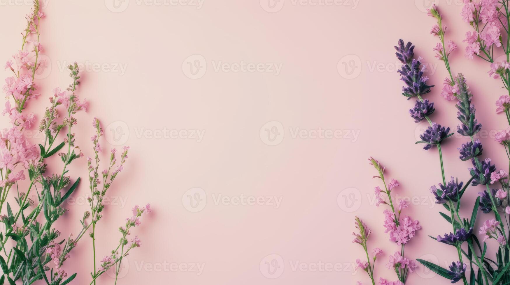 AI generated Top view image of pink and purple flowers composition over pastel background, copy space photo