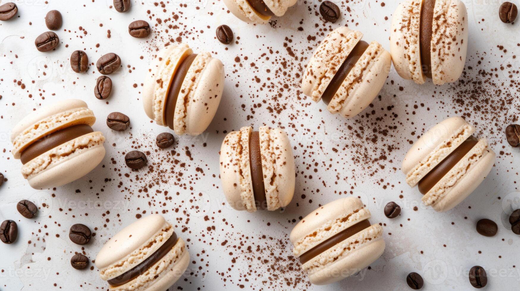 AI generated Coffee macarons on a light background with coffee beans, top view photo