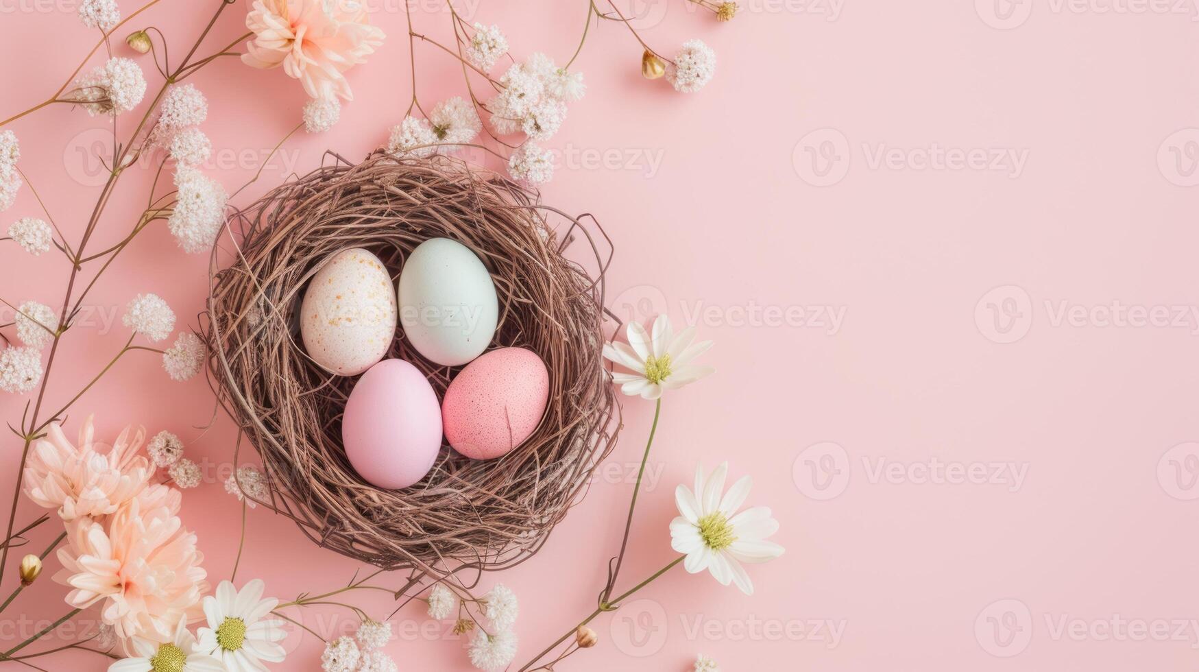 AI generated Top view of nest with Easter eggs and flowers on pastel background photo