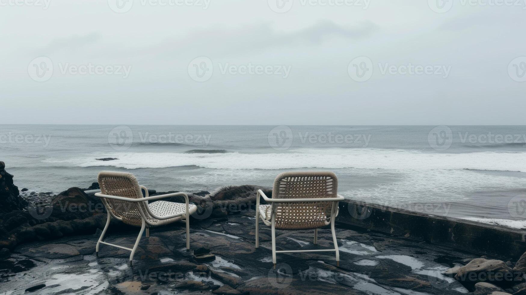 AI generated Two outdoor lounge chairs next to sea coast photo