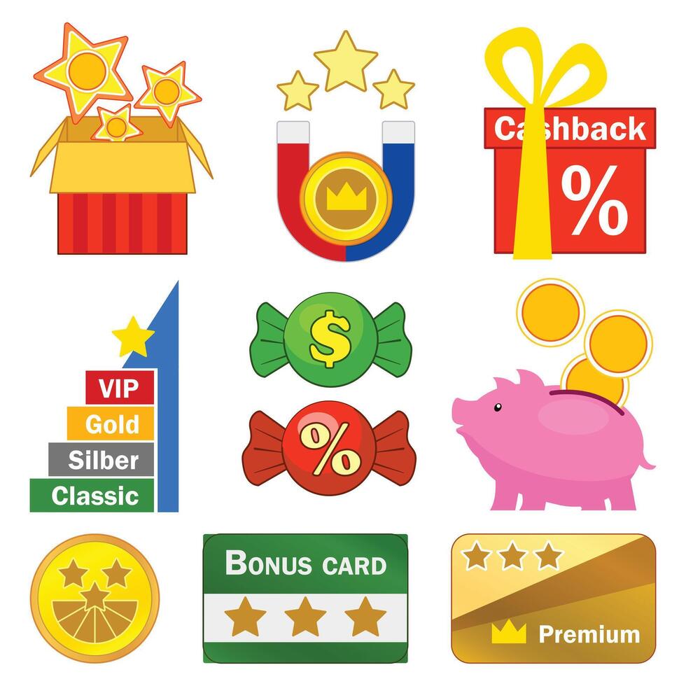Loyalty program icons set cartoon vector. Reward earn bonus vector