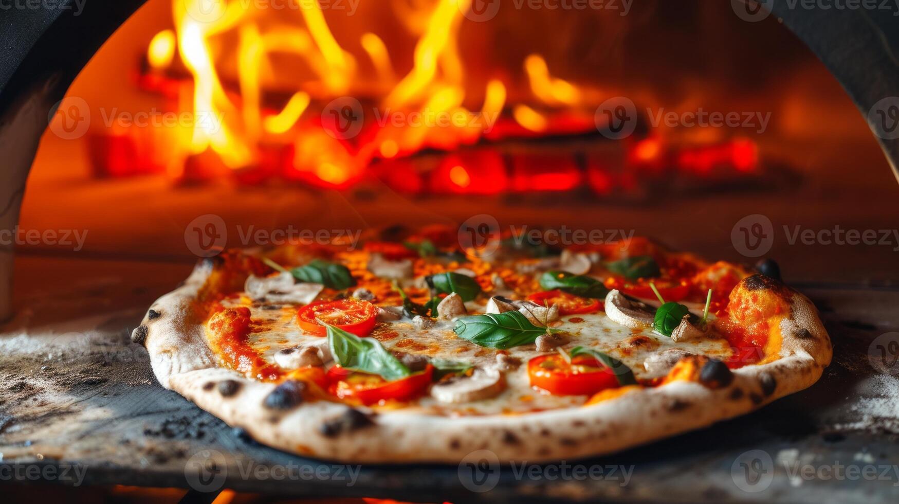 AI generated Pizza in the traditional wood oven with fire burning photo