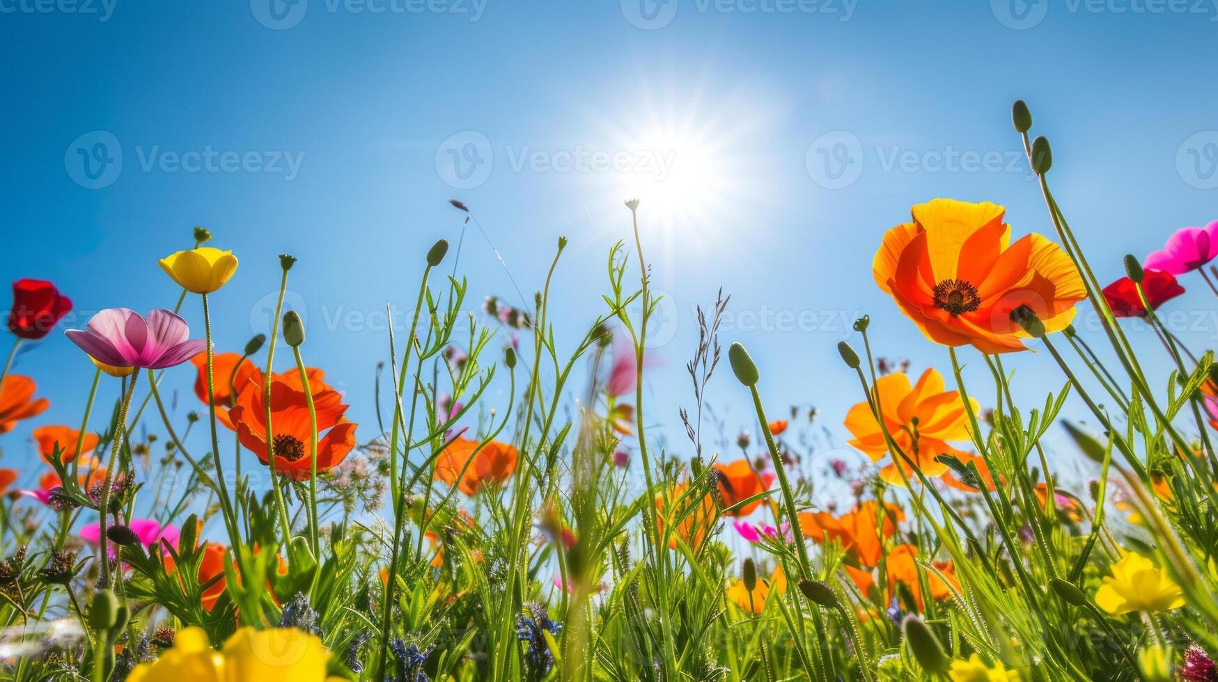 AI generated Sunny spring field Vibrant flowers under the sun photo